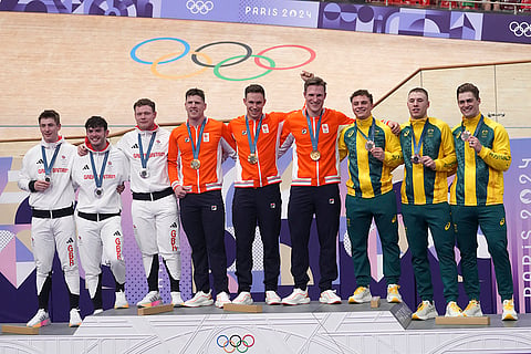 Paris Olympics Track Cycling men's team sprint: Silver medallists team Britain, gold medallists team Netherlands and bronze medallists team Australia